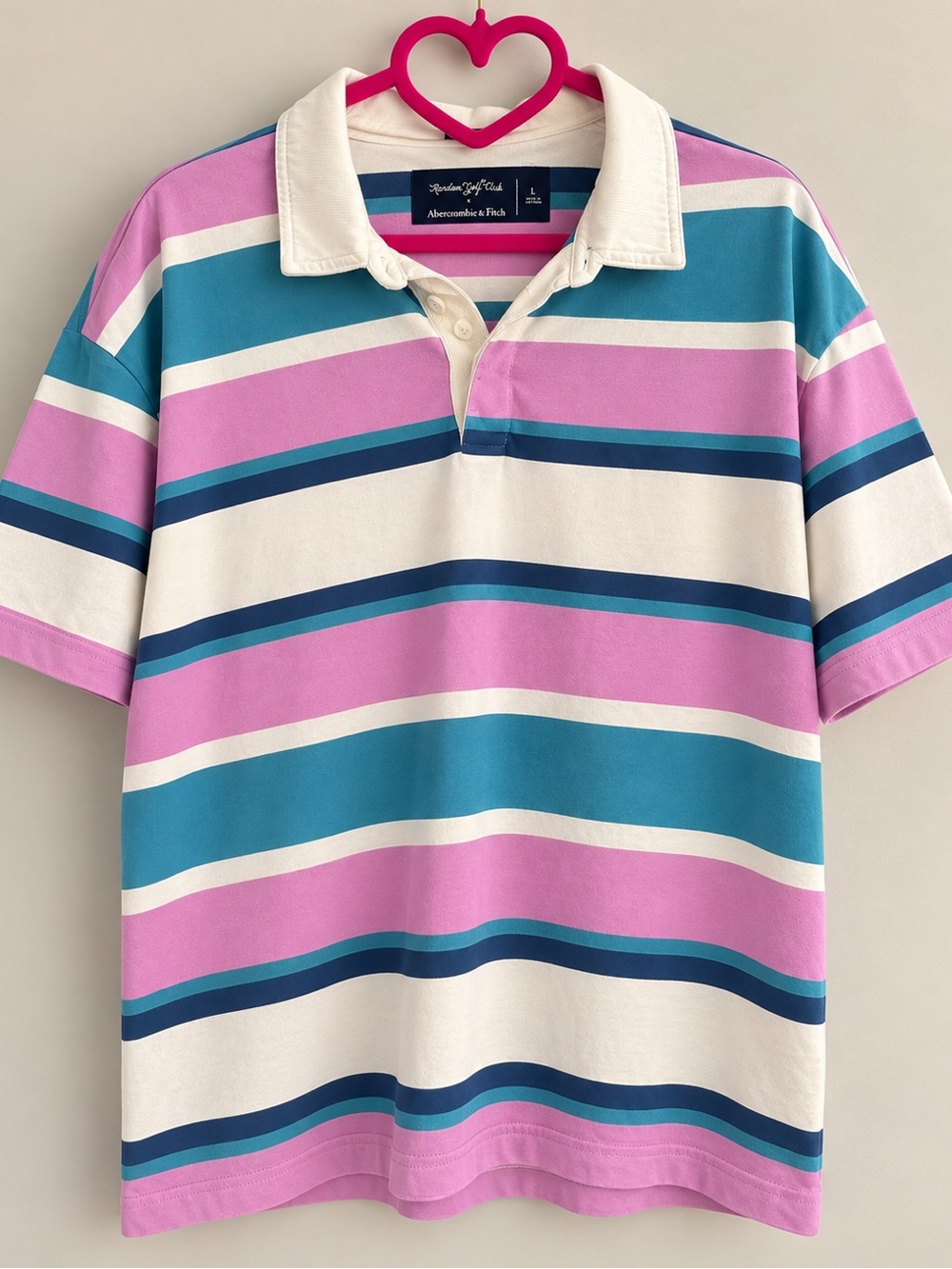 Abercrombie & Fitch Men’s Striped Polo in Pink, Teal & Cream